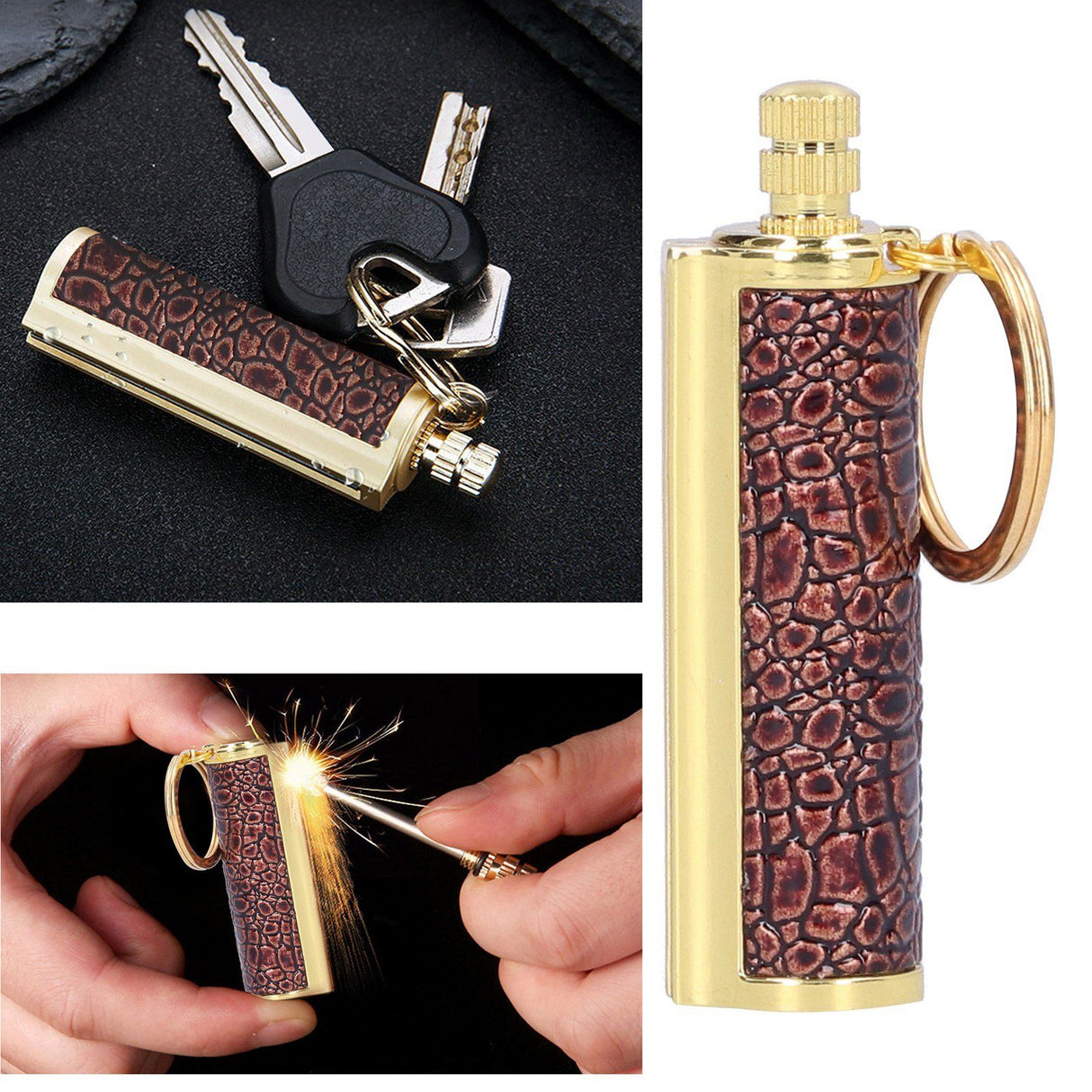 Cigarette Lighter Matchstick Kerosene Lighter Waterproof Lighter Outdoor Vintage Key ChainGolden Brown