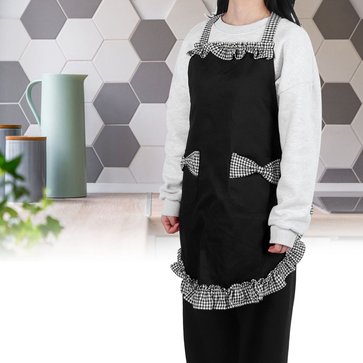 Bowknot Apron Multifunctional Cooking Oil‑Proof Waterproof Antifouling Apron for KitchenBlack