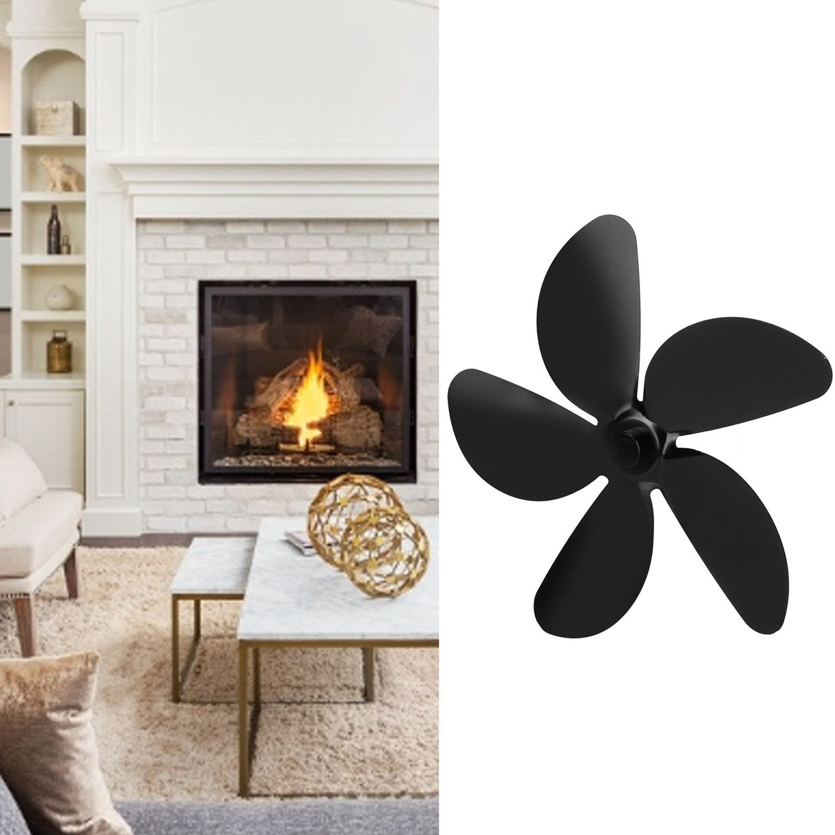 Fireplace Fan Blade Universal Aluminum Alloy 5-Blade Heat Powered Fan Accessory Black