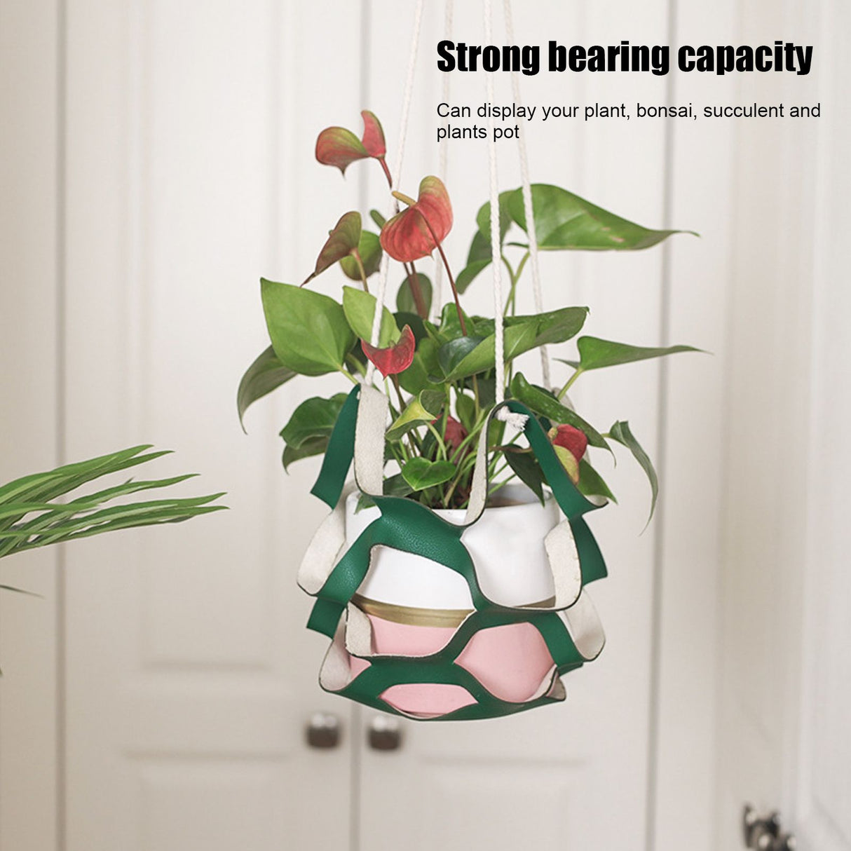 Plant Hanger PU Leather Wall Hanging Flower Pot Holder Basket Home Garden DecorationS Green