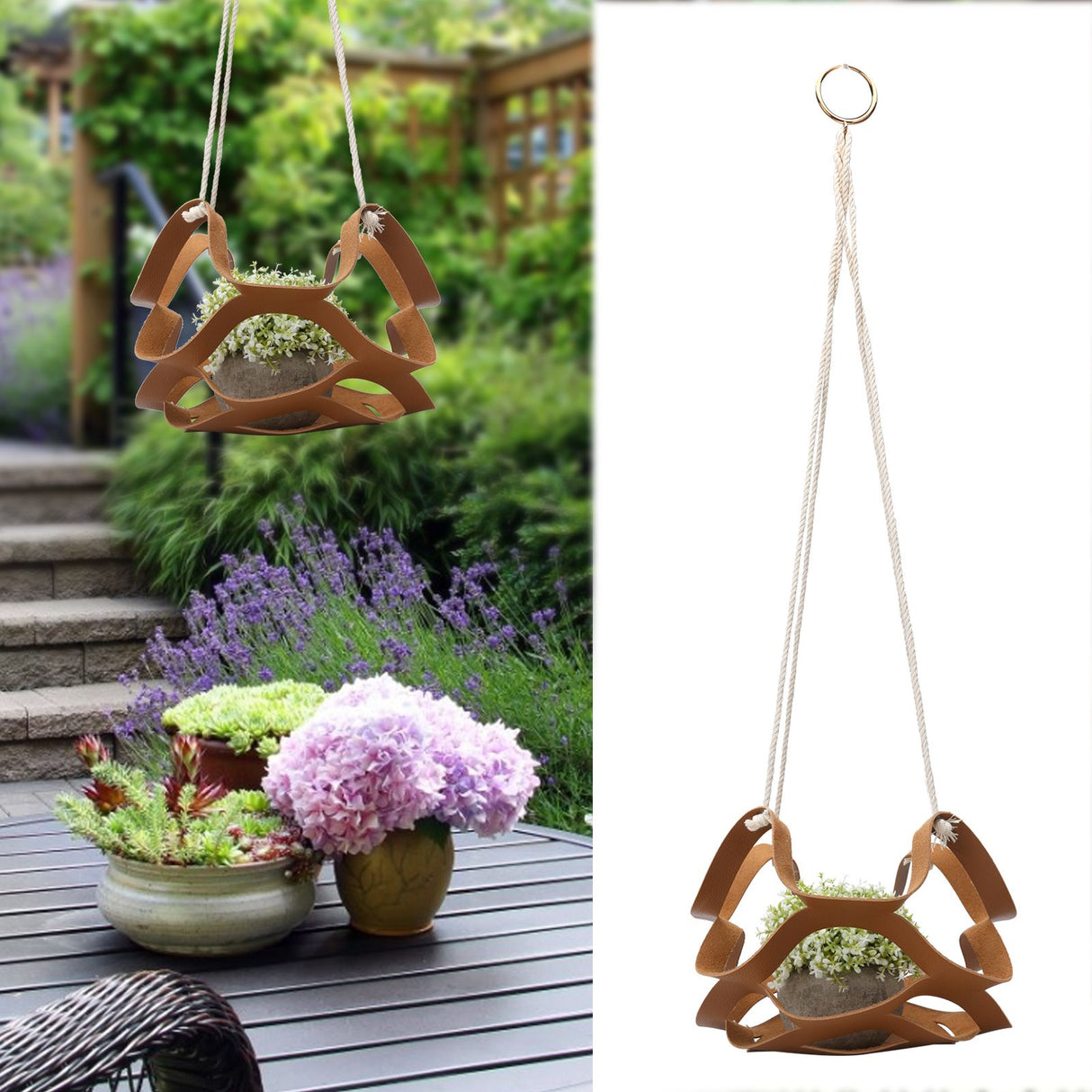 PU Leather Flower Pot Display Holder Succulent Hanging Basket Planter DecorationL Brown