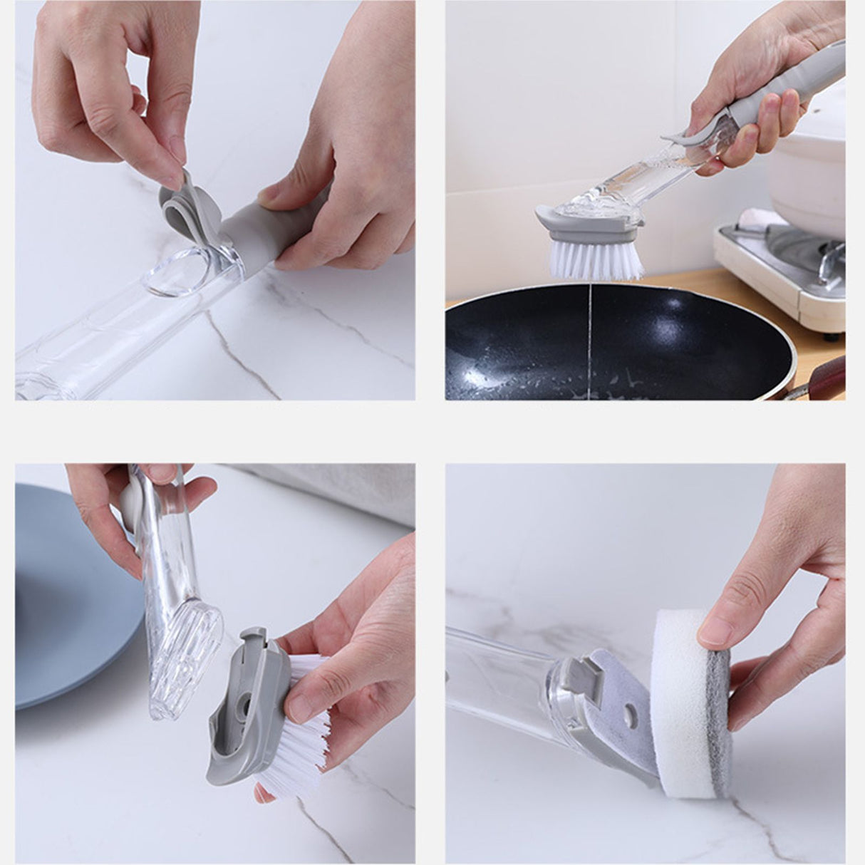 Hydraulic Brush Automatic Adding Liquid Pot Soft Kitchen Brush Kitchen Utensils for Pot Bowl1Pc Handle 1Pc Brush 1Pc Sponge