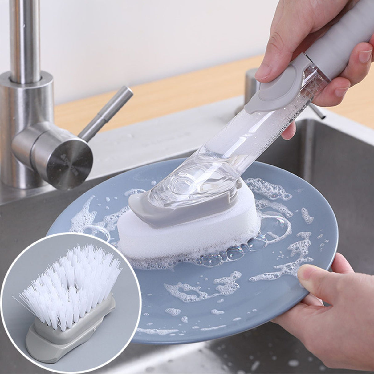 Hydraulic Brush Automatic Adding Liquid Pot Soft Kitchen Brush Kitchen Utensils for Pot Bowl1Pc Handle 1Pc Brush 2Pcs Sponges