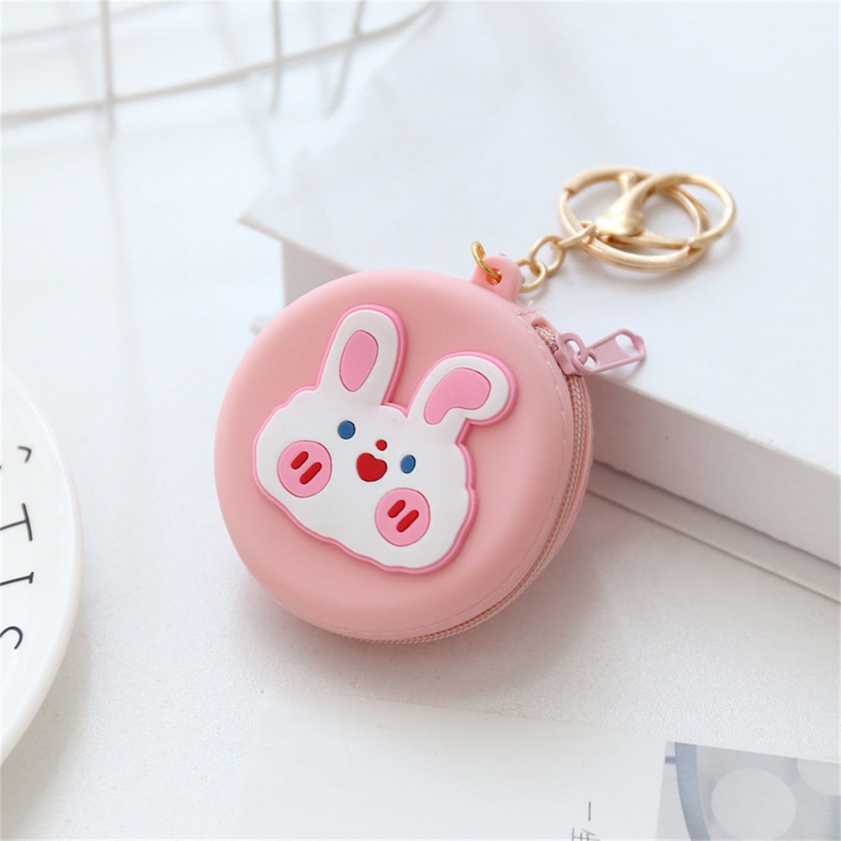Coin Purse Silicone Cute Zipper Closure Gift Choice Women Change Pouch Wallet for Lipstick KeysRound, Pink Rabbit