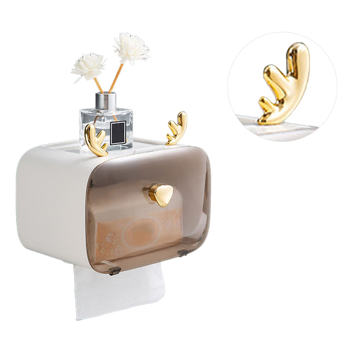Waterproof Toilet Paper Holder Cute Rod Antlers Transparent Window Adjustable Hanging Wall Mounted Tissue Box HolderWhite