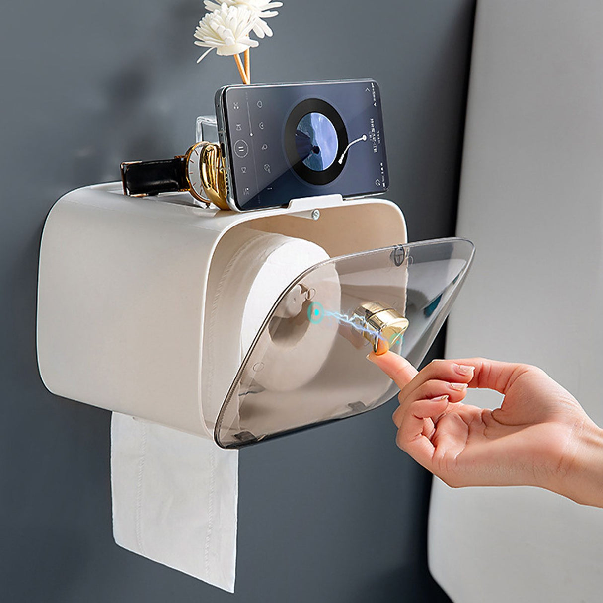 Waterproof Toilet Paper Holder Cute Rod Antlers Transparent Window Adjustable Hanging Wall Mounted Tissue Box HolderWhite