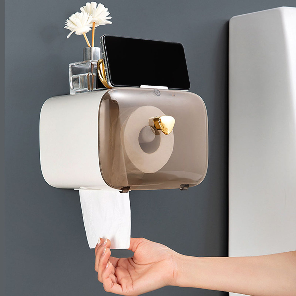 Waterproof Toilet Paper Holder Cute Rod Antlers Transparent Window Adjustable Hanging Wall Mounted Tissue Box HolderWhite