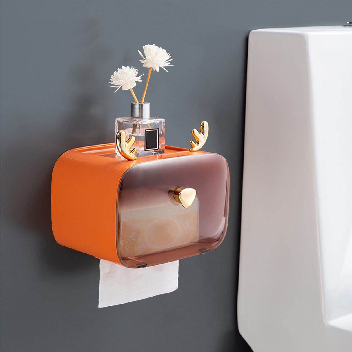 Waterproof Toilet Paper Holder Cute Rod Antlers Transparent Window Adjustable Hanging Wall Mounted Tissue Box HolderOrange
