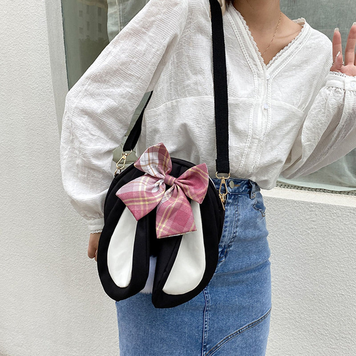 Rabbit Ear Crossbody Bag Summer Oxford Cloth Lovely Bowknot Crossbody Bag for Girls Black
