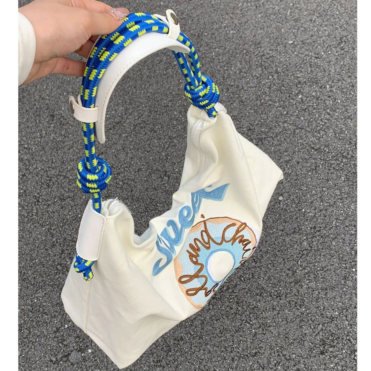 Large Capacity Canvas Bags Hand Embroidered Underarm Bag Versatile Women Tote Bag for Shopping Blue