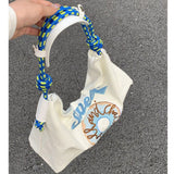 Large Capacity Canvas Bags Hand Embroidered Underarm Bag Versatile Women Tote Bag for Shopping Blue - Front View