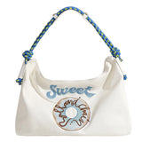Large Capacity Canvas Bags Hand Embroidered Underarm Bag Versatile Women Tote Bag for Shopping Blue