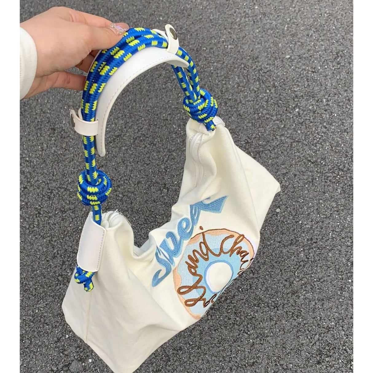 Large Capacity Canvas Bags Hand Embroidered Underarm Bag Versatile Women Tote Bag for Shopping Blue
