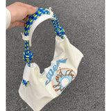 Large Capacity Canvas Bags Hand Embroidered Underarm Bag Versatile Women Tote Bag for Shopping Blue - 45-Degree Angle