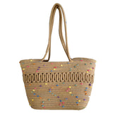 Straw Bag Woven Papyrus Large Capacity Simple Hollow Design Woven Basket Bag for Travel Holiday Colorful Dots in Light Tan