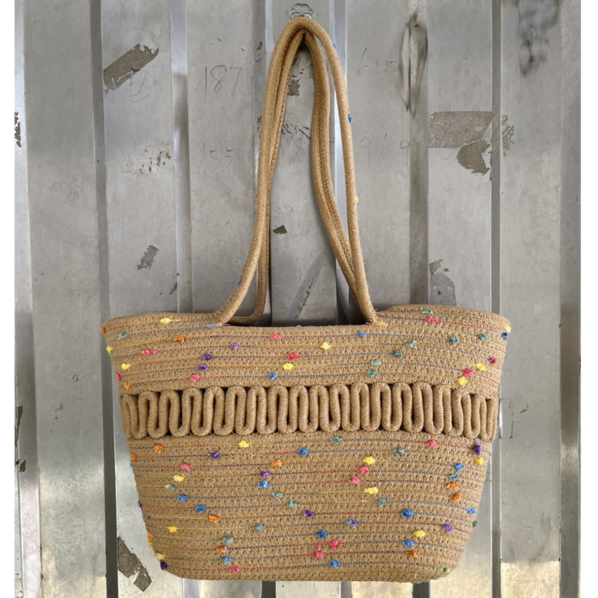 Straw Bag Woven Papyrus Large Capacity Simple Hollow Design Woven Basket Bag for Travel Holiday Colorful Dots in Light Tan