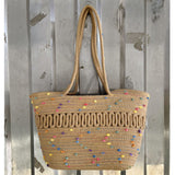 Straw Bag Woven Papyrus Large Capacity Simple Hollow Design Woven Basket Bag for Travel Holiday Colorful Dots in Light Tan
