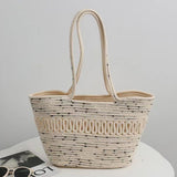 Straw Bag Woven Papyrus Large Capacity Simple Hollow Design Woven Basket Bag for Travel Holiday Black Dots in White