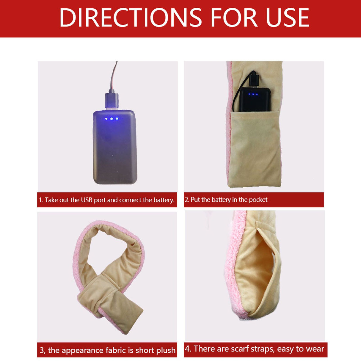 Electric Heating Scarf Evenly Heating Comfortable Skin Friendly Short Plush Pink USB Heated Scarf for Winter