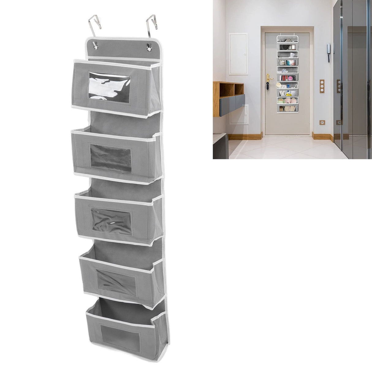 Over Door Hanging Organizer Wall Mount Storage with Hooks for Pantry Nursery Kitchen Closet Dorm Grey 5 Pockets