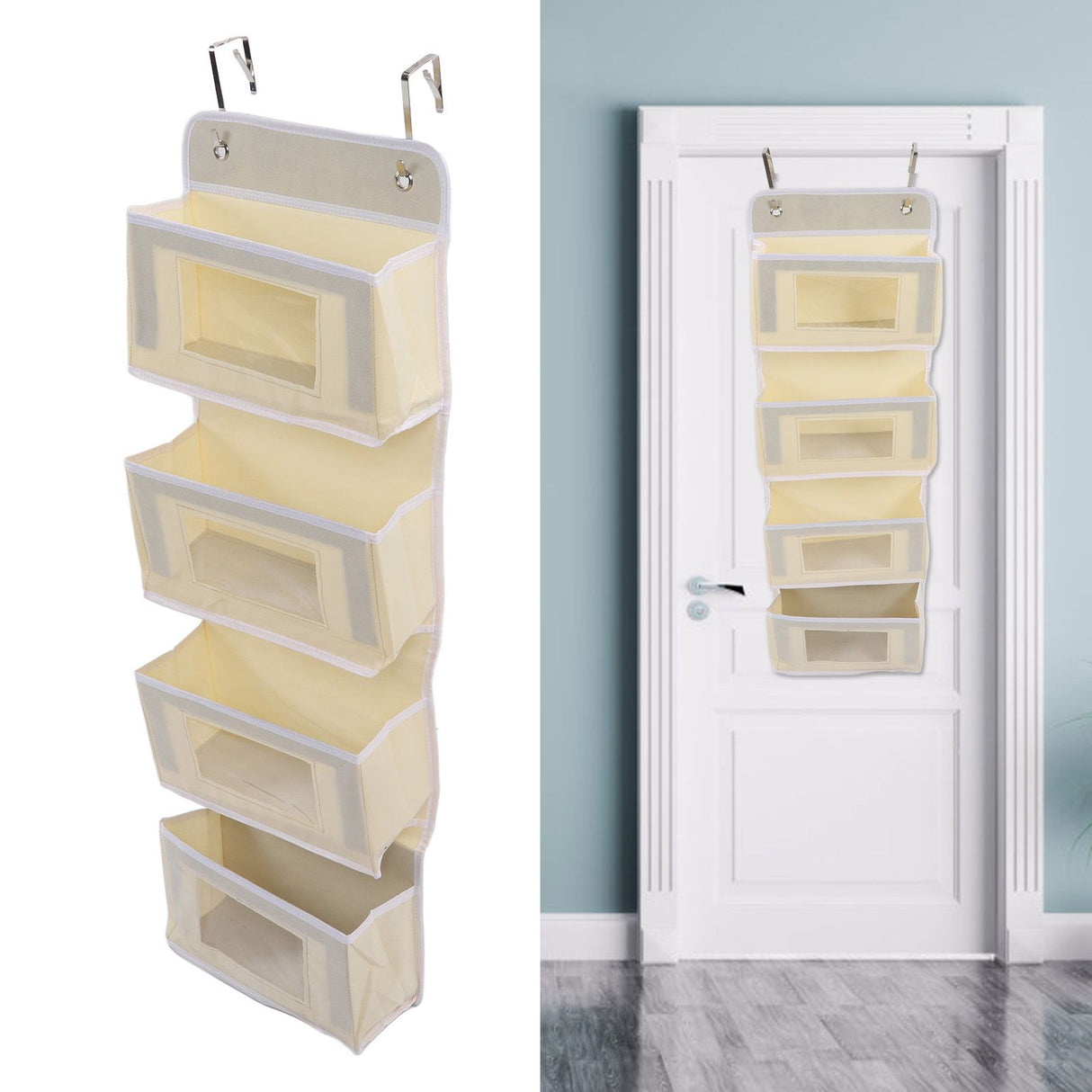 Over Door Hanging Organizer Wall Mount Storage with Hooks for Pantry Nursery Kitchen Closet Dorm Beige 4 Pockets