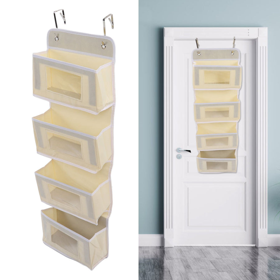 Over Door Hanging Organizer Wall Mount Storage with Hooks for Pantry Nursery Kitchen Closet Dorm Beige 4 Pockets