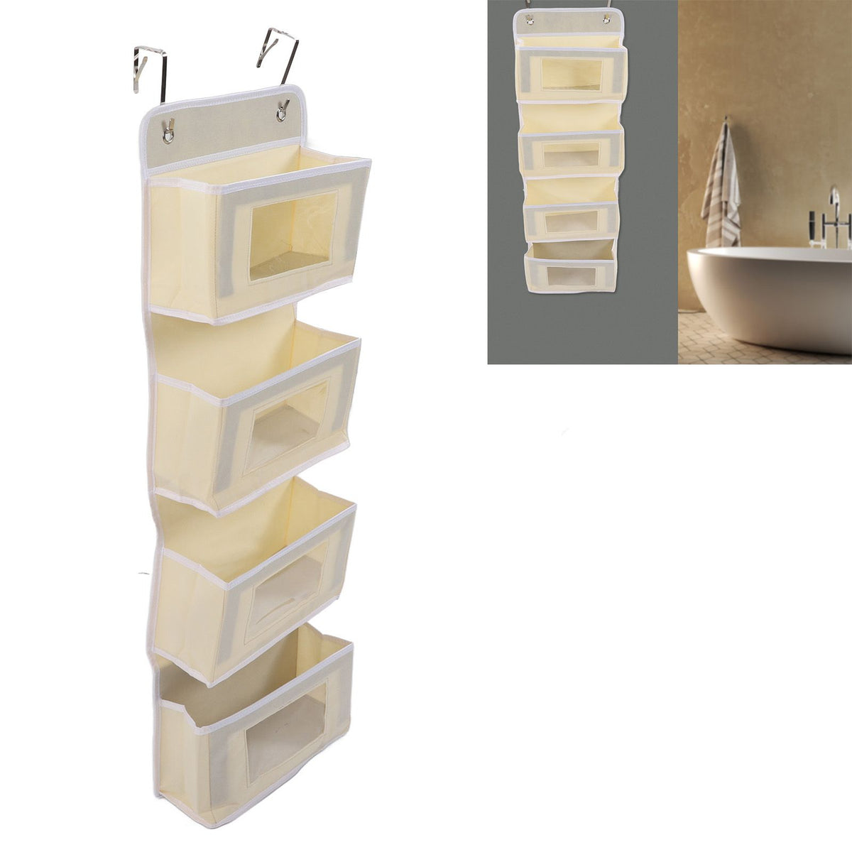Over Door Hanging Organizer Wall Mount Storage with Hooks for Pantry Nursery Kitchen Closet Dorm Beige 4 Pockets