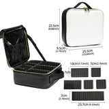 Cosmetic Storage Bag PU Leather Large Capacity Waterproof Adjustable Partition Makeup Case for Travel Black White - Front View