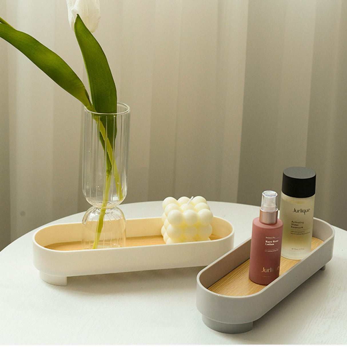 Narrow Arc Tray Simple Fashionable Versatile Decorative Home Oval Serving Storage Tray for Makeup Fragrance White