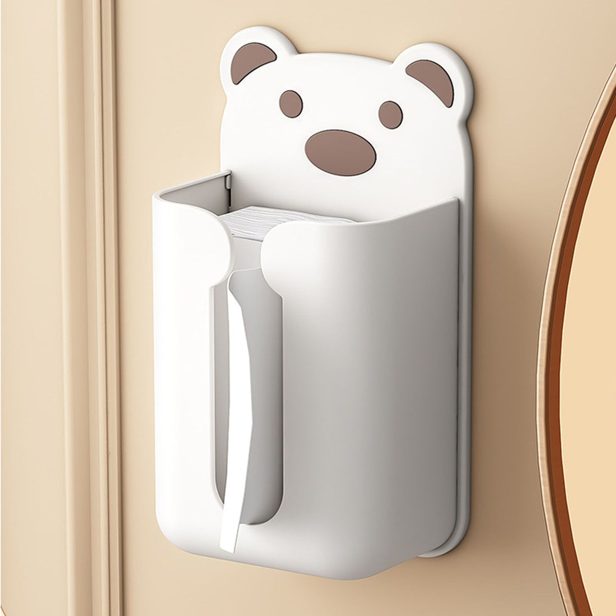 Wall Mounted Tissue Box Punching Free Cute Bear Pattern Plastic Tissue Dispenser for Home Bathroom White Bear Brown