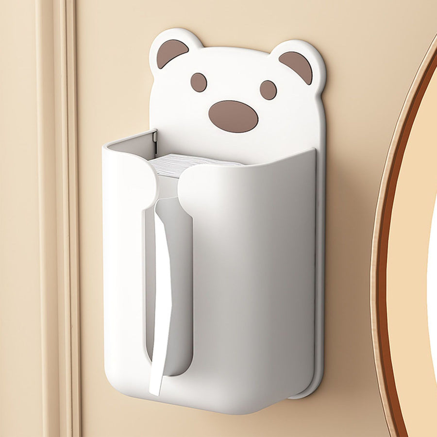 Wall Mounted Tissue Box Punching Free Cute Bear Pattern Plastic Tissue Dispenser for Home Bathroom White Bear Brown