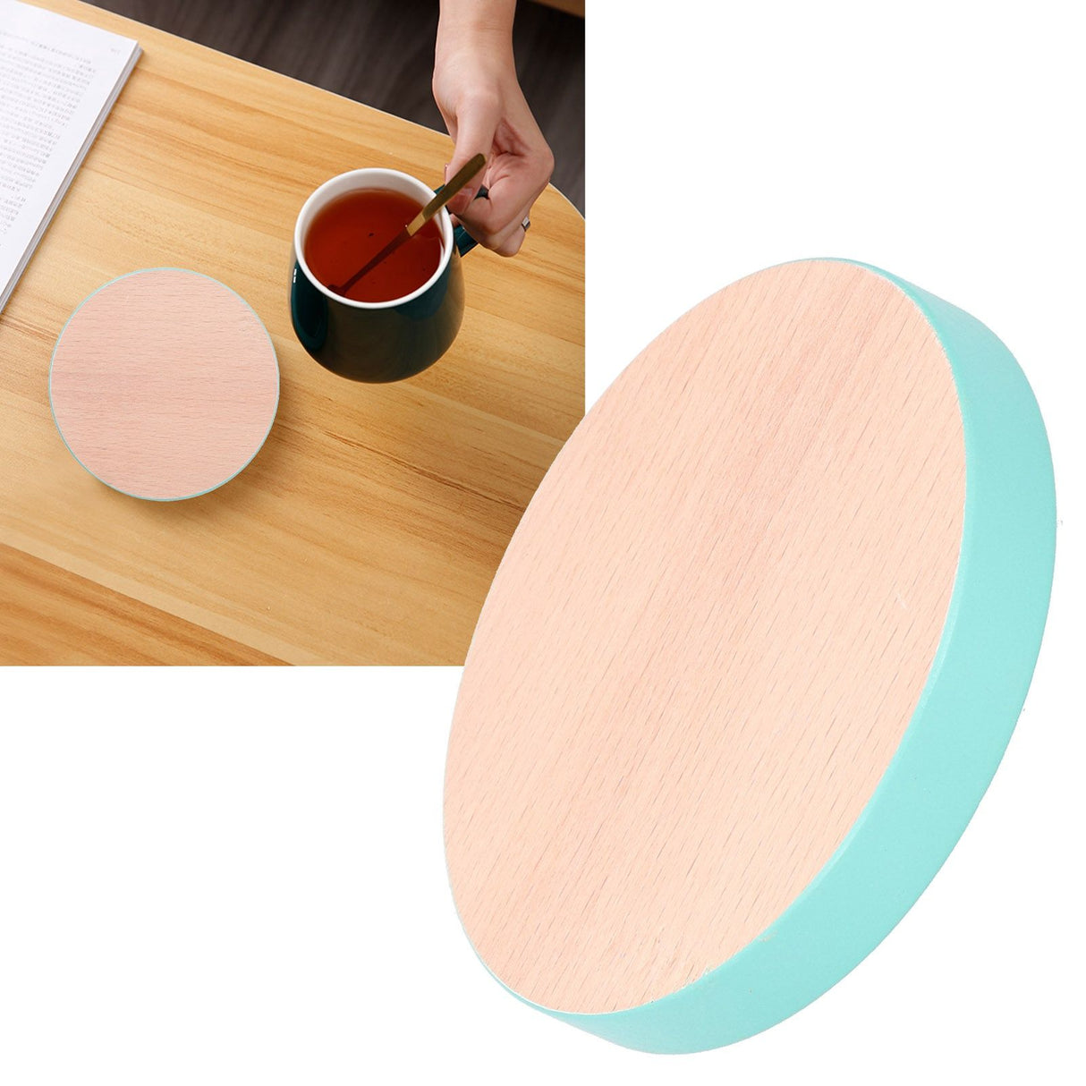 Round Wood Coaster Placemat Round Heat Resistant Drink Mat Cup Pad for Home KitchenBlue