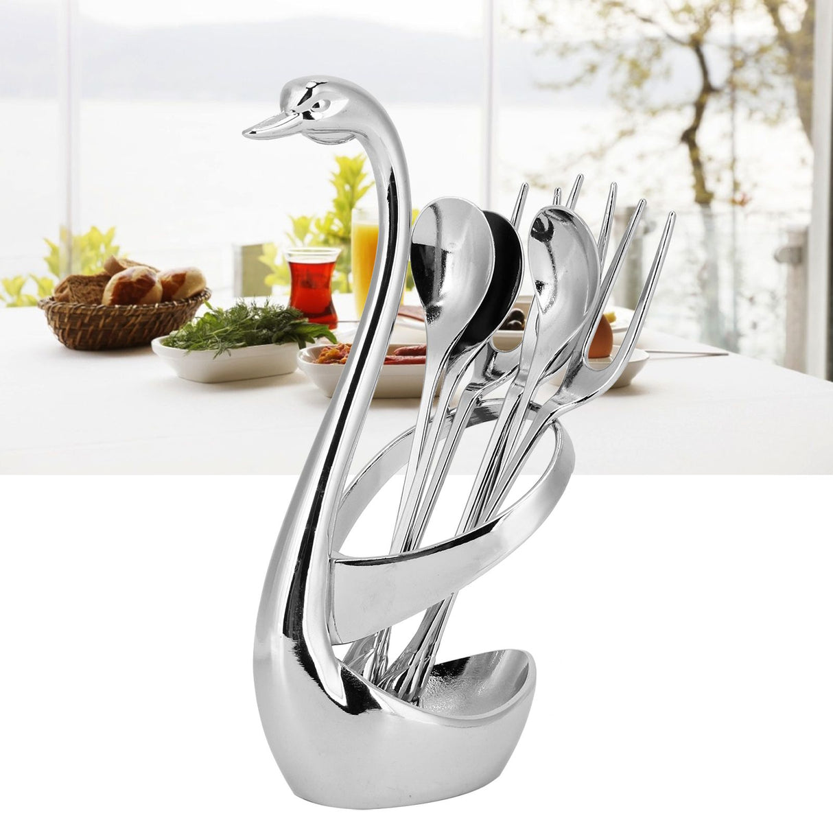 7Pcs/Set Zinc Alloy Dinnerware Swan Holder Tableware with 3 Spoons 3 Forks Home Decoration