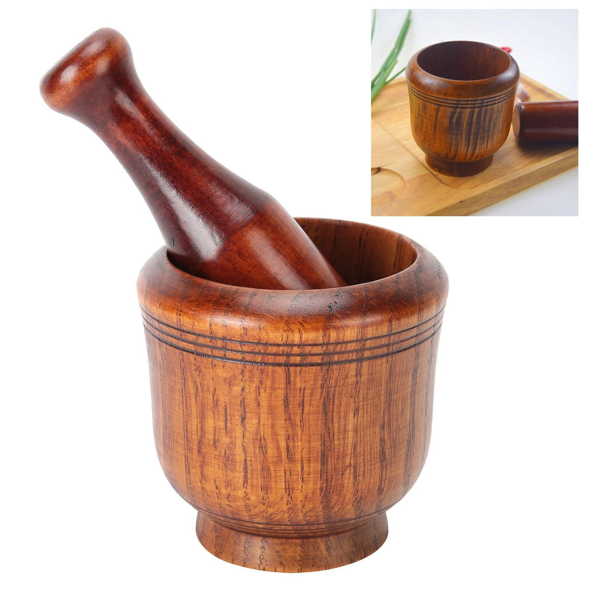 Wooden Grinding Bowl Household Kitchen Manual Garlic Ginger Spices Grinder Mortar Pestle Set