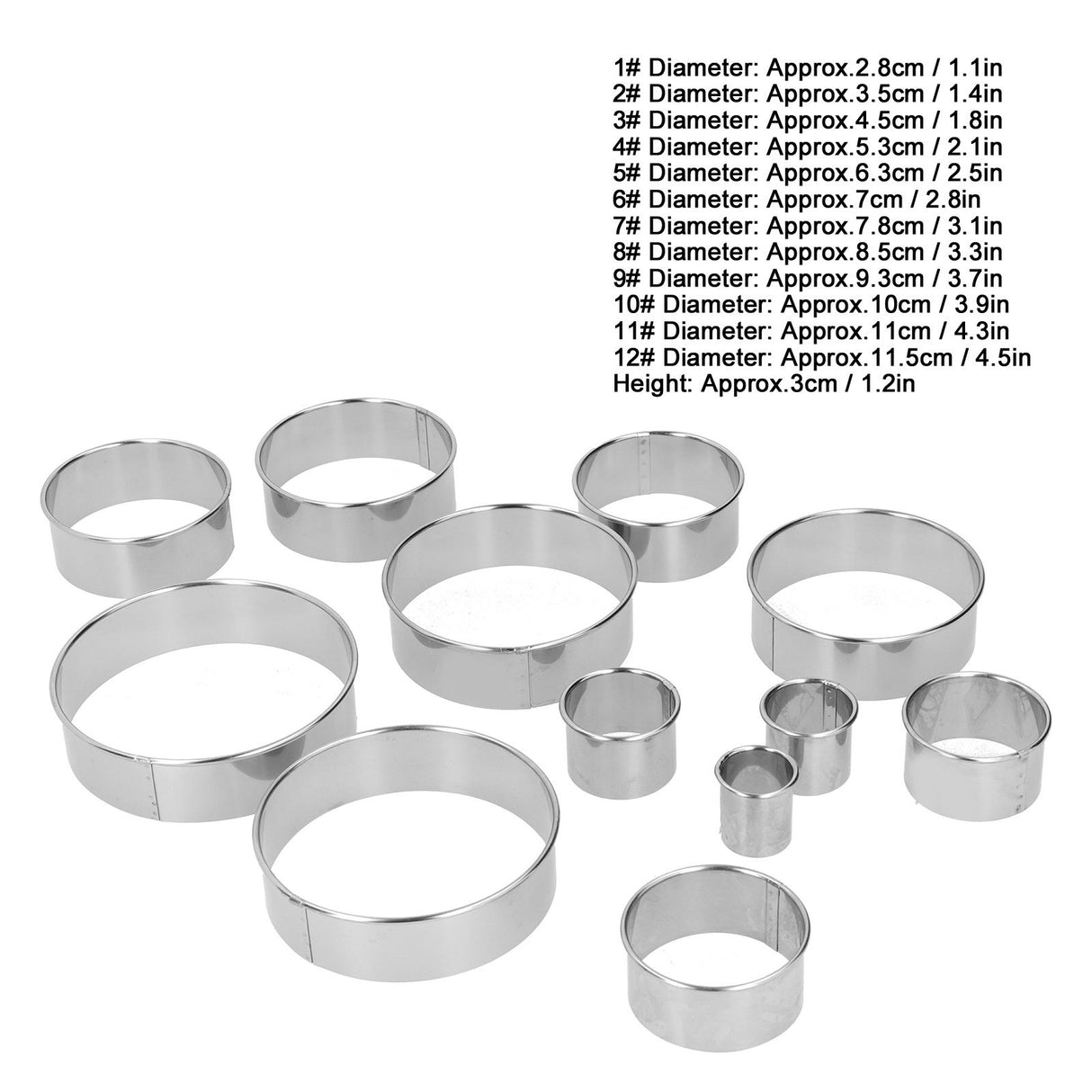 12PCS/Set Stainless Steel Mousse Ring Round Cake Mold Fondant Cookies Cutting Mold Baking Tool