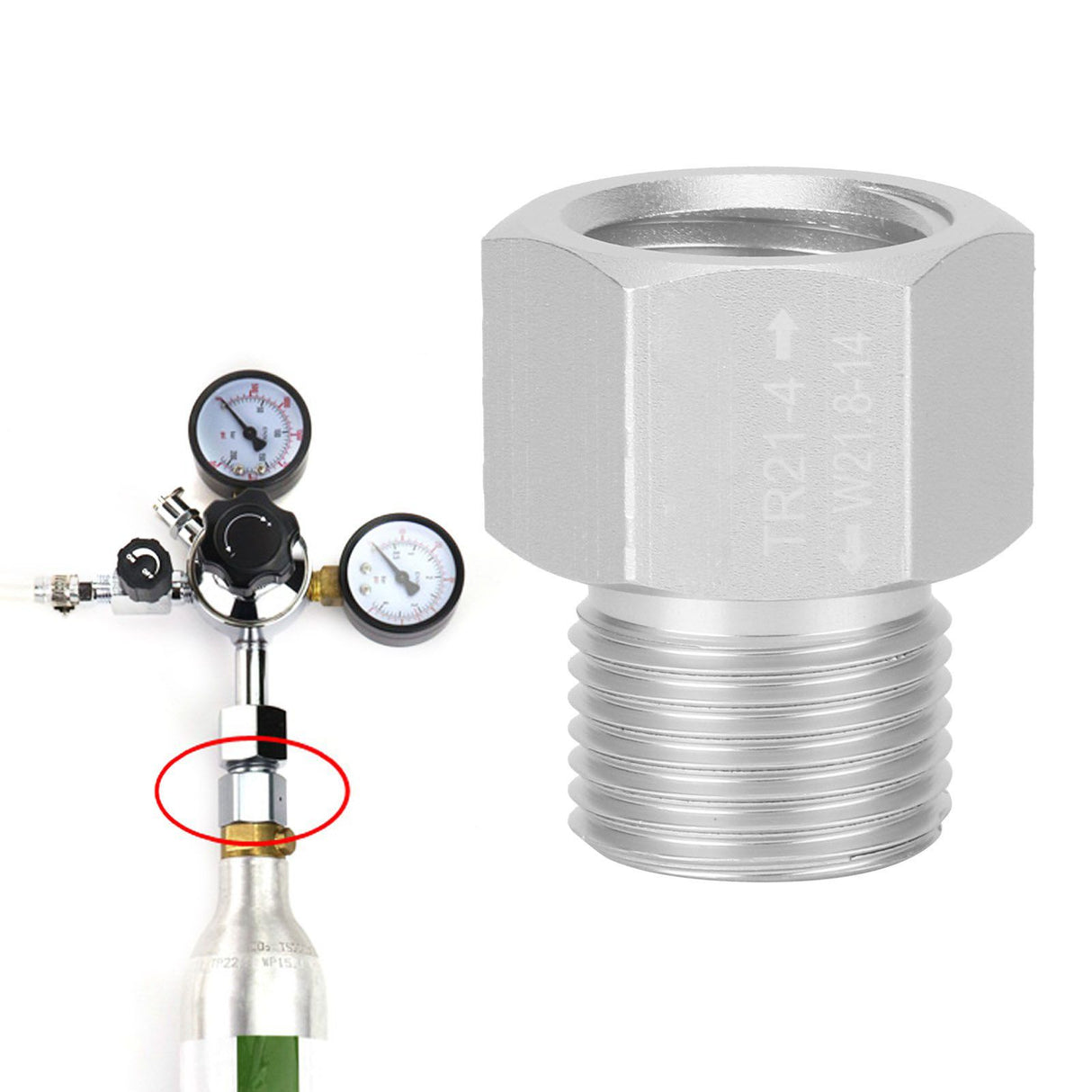 TR21x4 to W21.8‑14 Adapter Aluminum Soda Cylinder CO2 Tank Converter Silver
