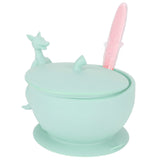 Cute Silicone Baby Feeding Bowl Spoon Set with Suction Base Non-Slip Tableware for InfantLight Green
