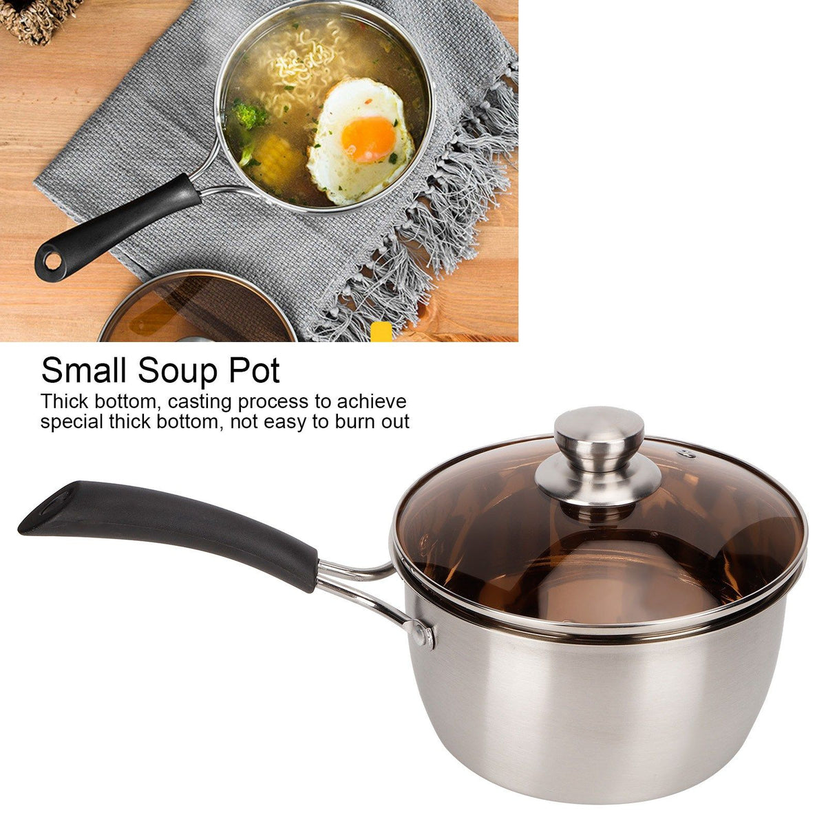 Small Soup Pot Thickened Compound Steel NonMagnetic Single Handle Cooking Kitchenware 18cm