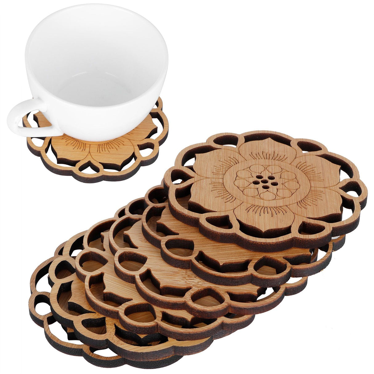 6Pcs/Set Teacup Mat Bamboo Coaster Heat Insulated Cup Pad Drinkware Tabletop AccessoryFlower Bud Type
