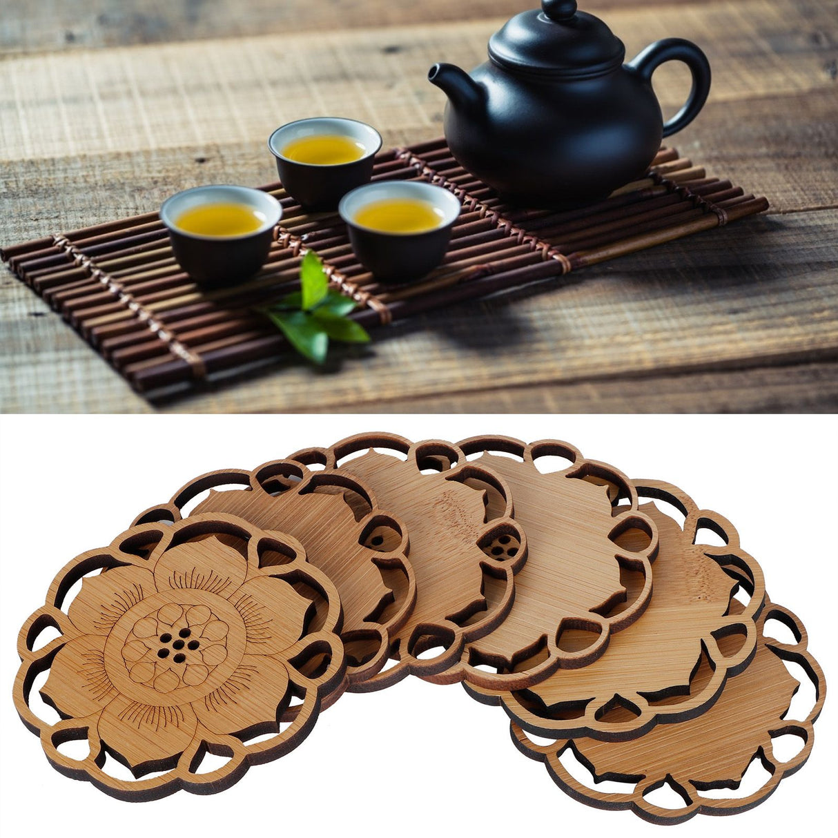 6Pcs/Set Teacup Mat Bamboo Coaster Heat Insulated Cup Pad Drinkware Tabletop AccessoryFlower Bud Type