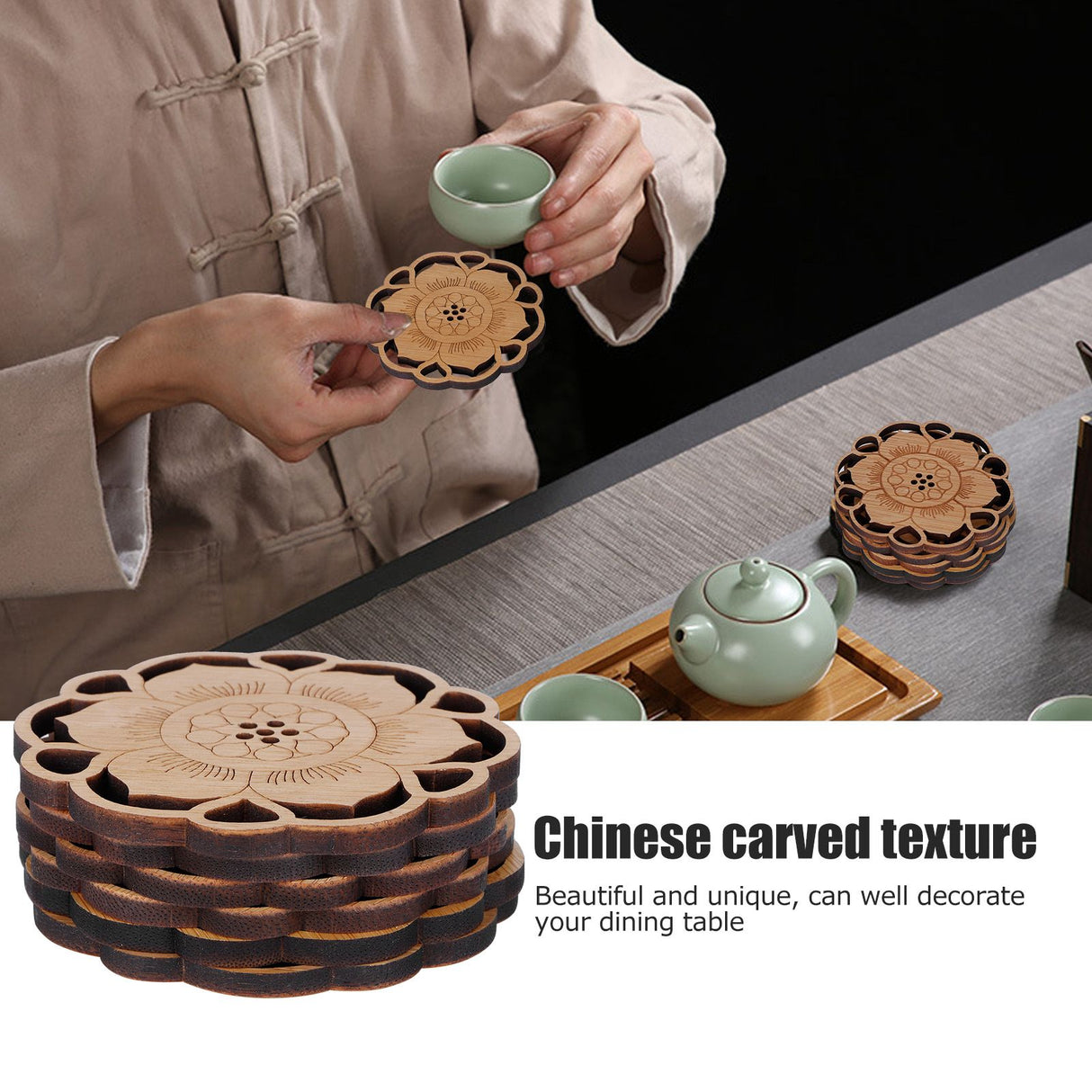 6Pcs/Set Teacup Mat Bamboo Coaster Heat Insulated Cup Pad Drinkware Tabletop AccessoryFlower Bud Type