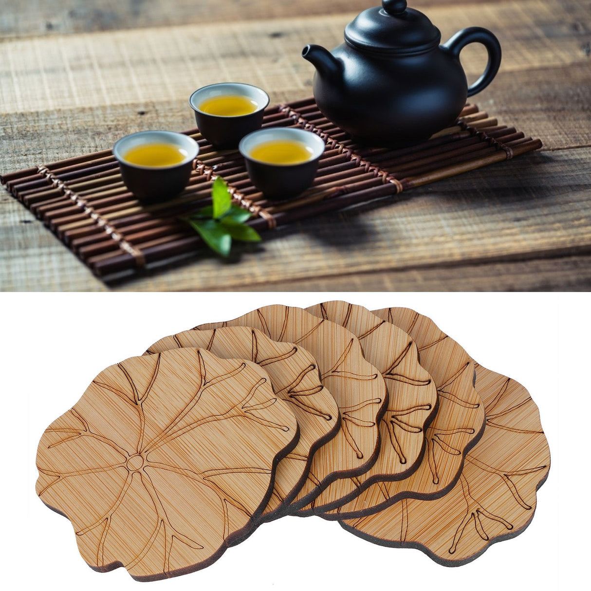 6Pcs/Set Teacup Mat Bamboo Coaster Heat Insulated Cup Pad Drinkware Tabletop AccessoryLotus Leaf Type