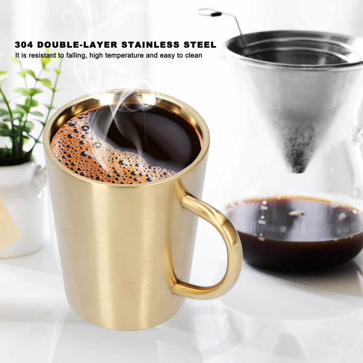 340ml 304 Stainless Steel Beer Mug Coffee Water Cup with Handgrip Double Wall DrinkwareGold