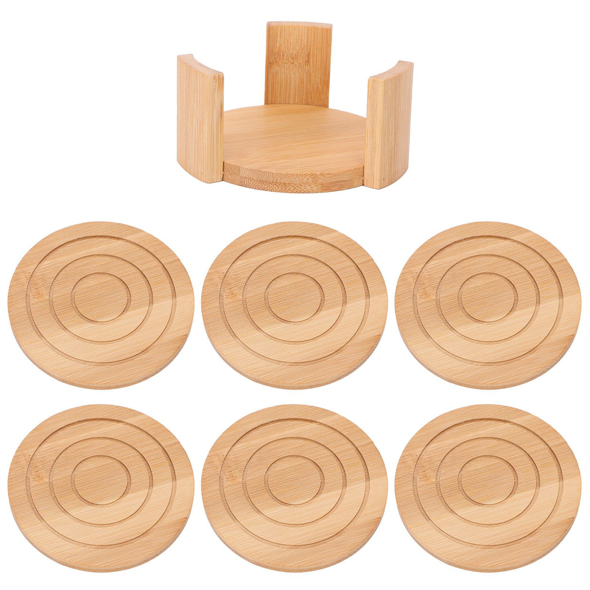 6PCS Bamboo Coaster with Holder Round Cup Mats Pad for Cold Drinks and Hot Beverage Home Supply