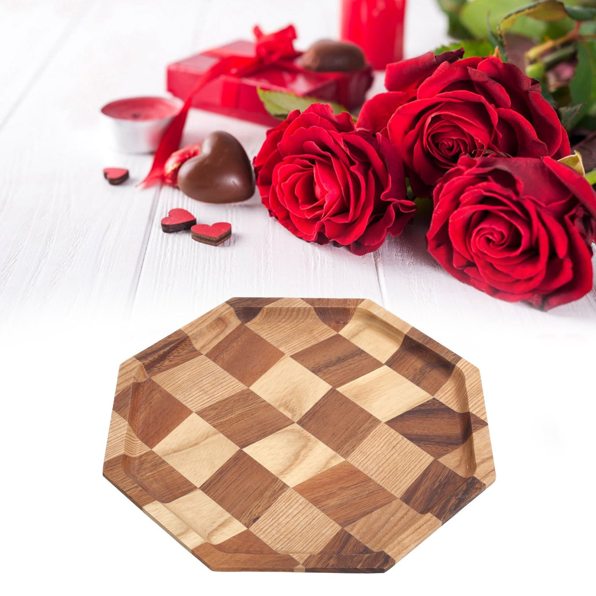 Grid Pattern Wood Plate Fruit Dishes Holder Tea Tray Dessert Dinner Bread Serving Tray24x24cm