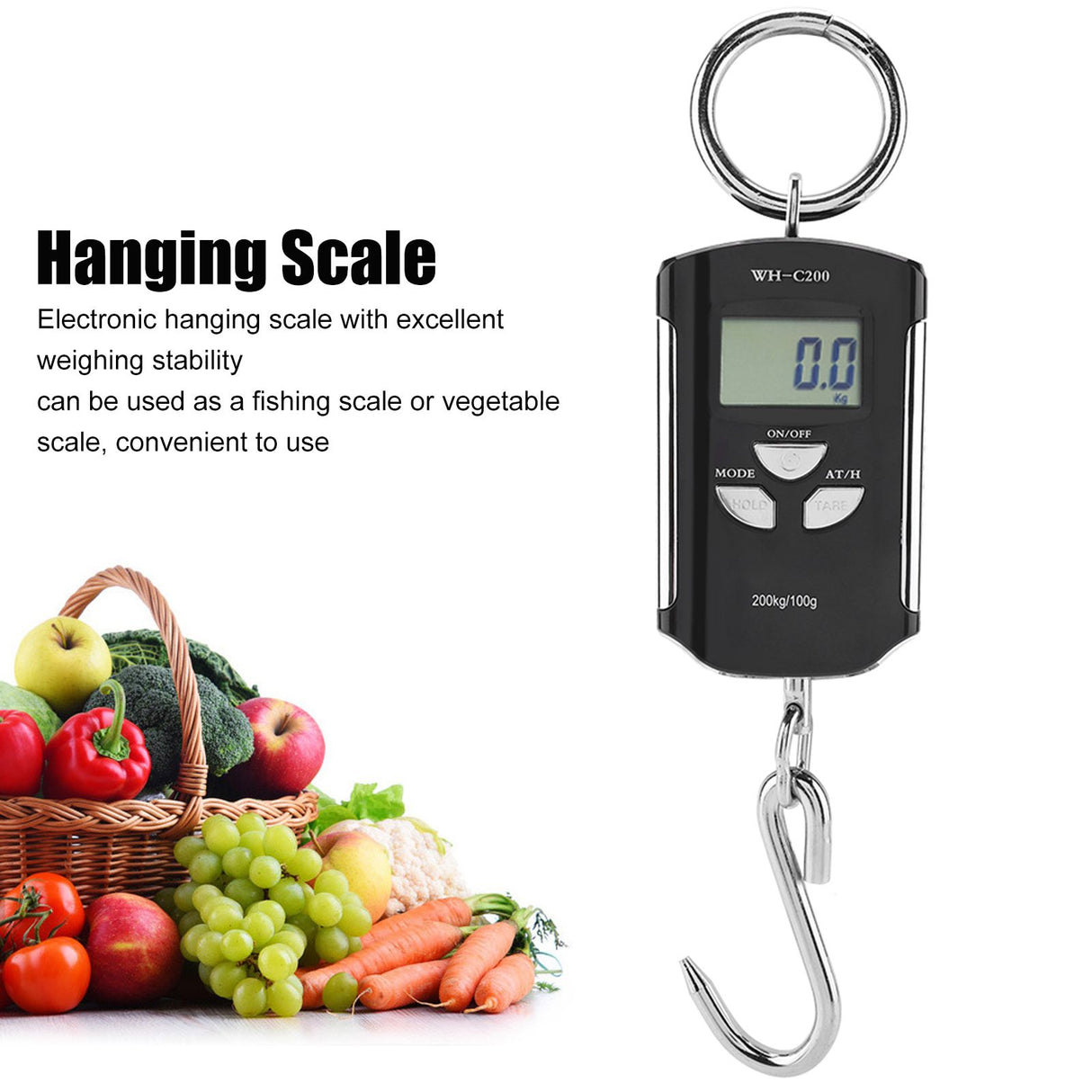 Portable Electronic Hanging Scale Digital LCD Backlit Display kg/lb/JIN 200KG W/HookSilver Frame