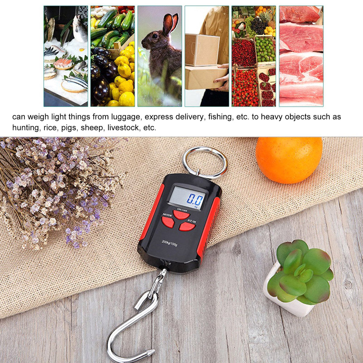 Portable Electronic Hanging Scale Digital LCD Backlit Display kg/lb/JIN 200KG W/HookRed Frame