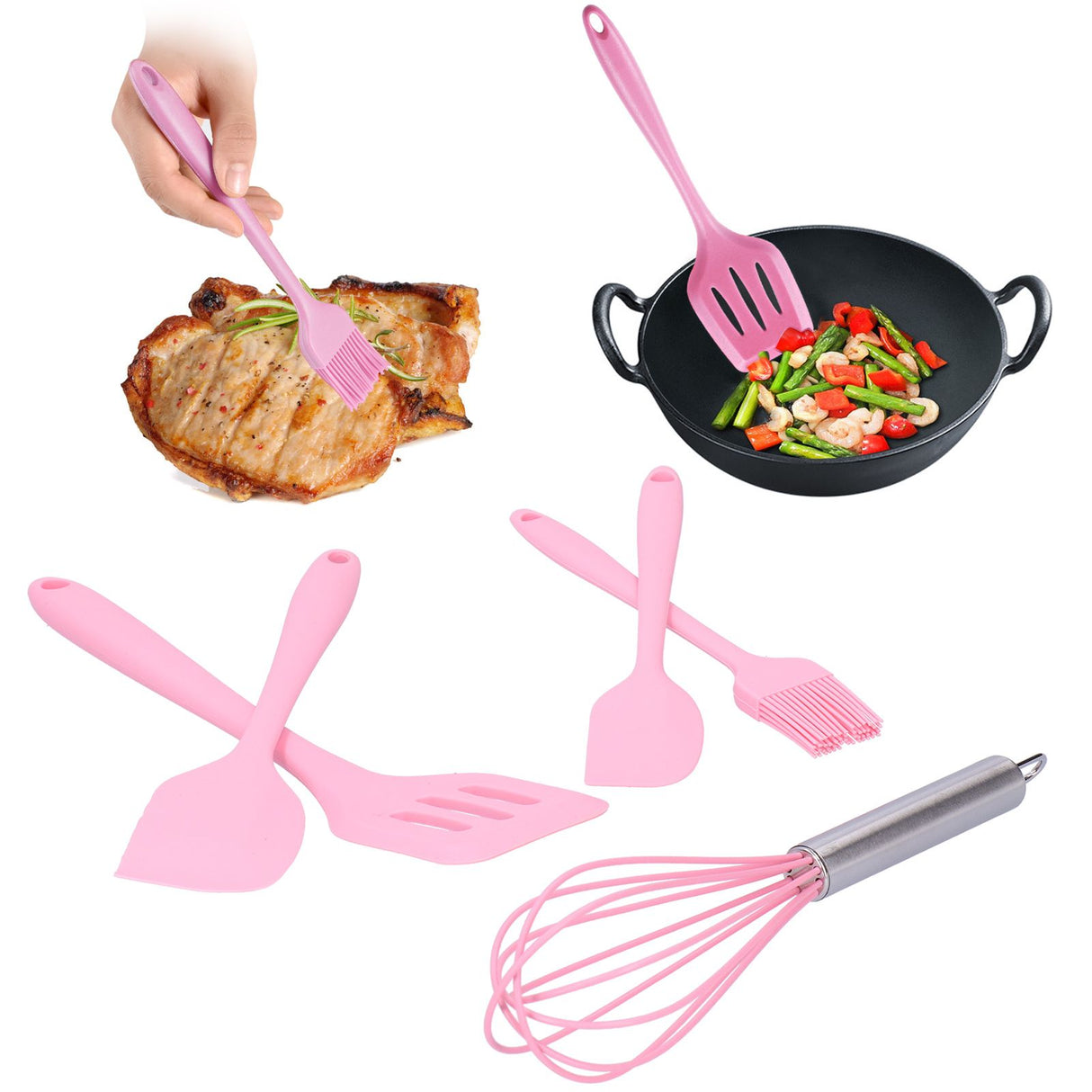 Cooking Spatula Set Silicone Baking Scraper Heat Resistant Egg Beater Kitchen Utensil(Pink )