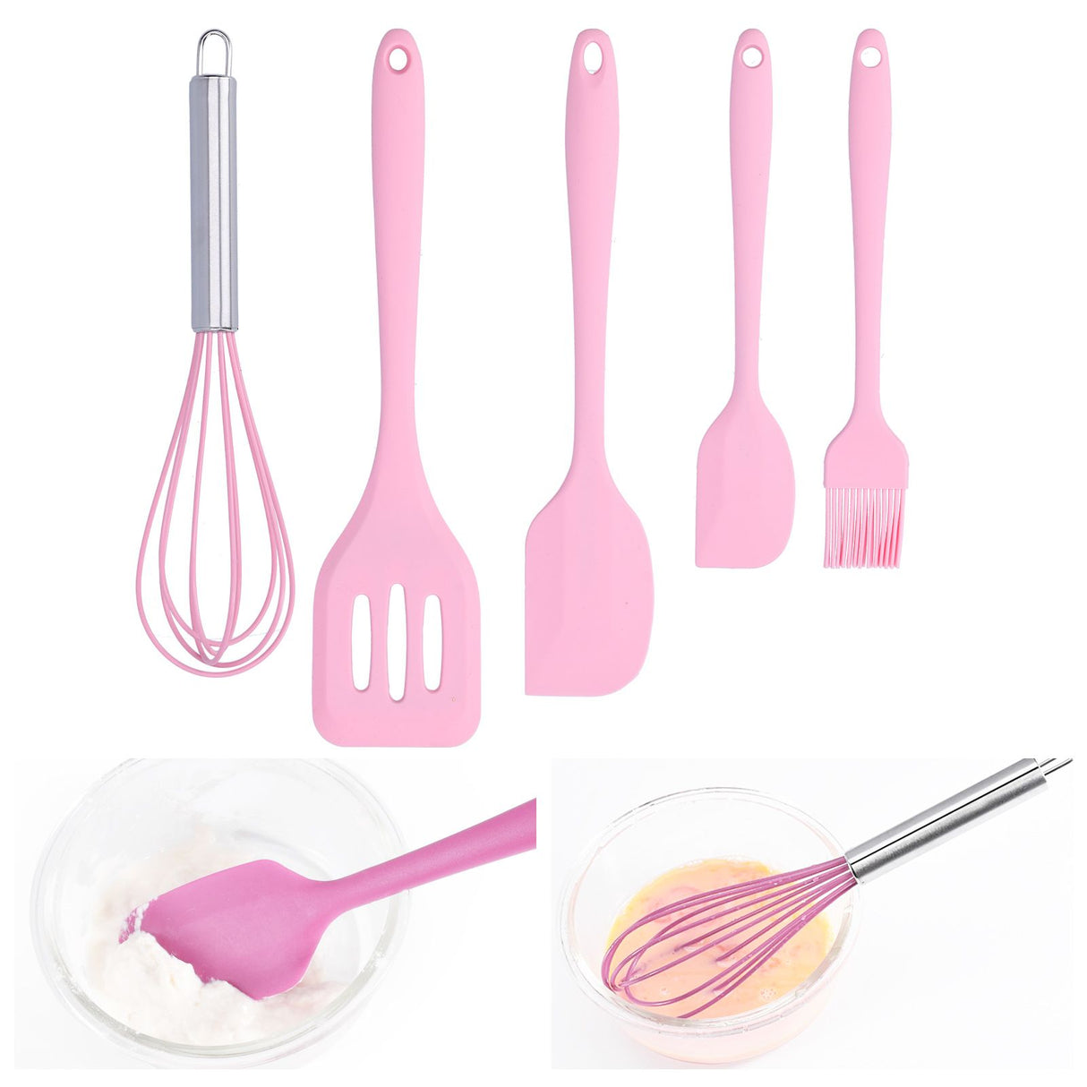 Cooking Spatula Set Silicone Baking Scraper Heat Resistant Egg Beater Kitchen Utensil(Pink )
