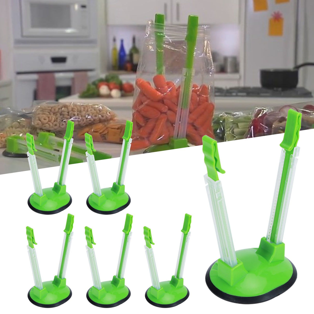 6Pcs Food Storage Bag Holder Stand HandsFree Bag Racks Home Kitchen Accessory Green